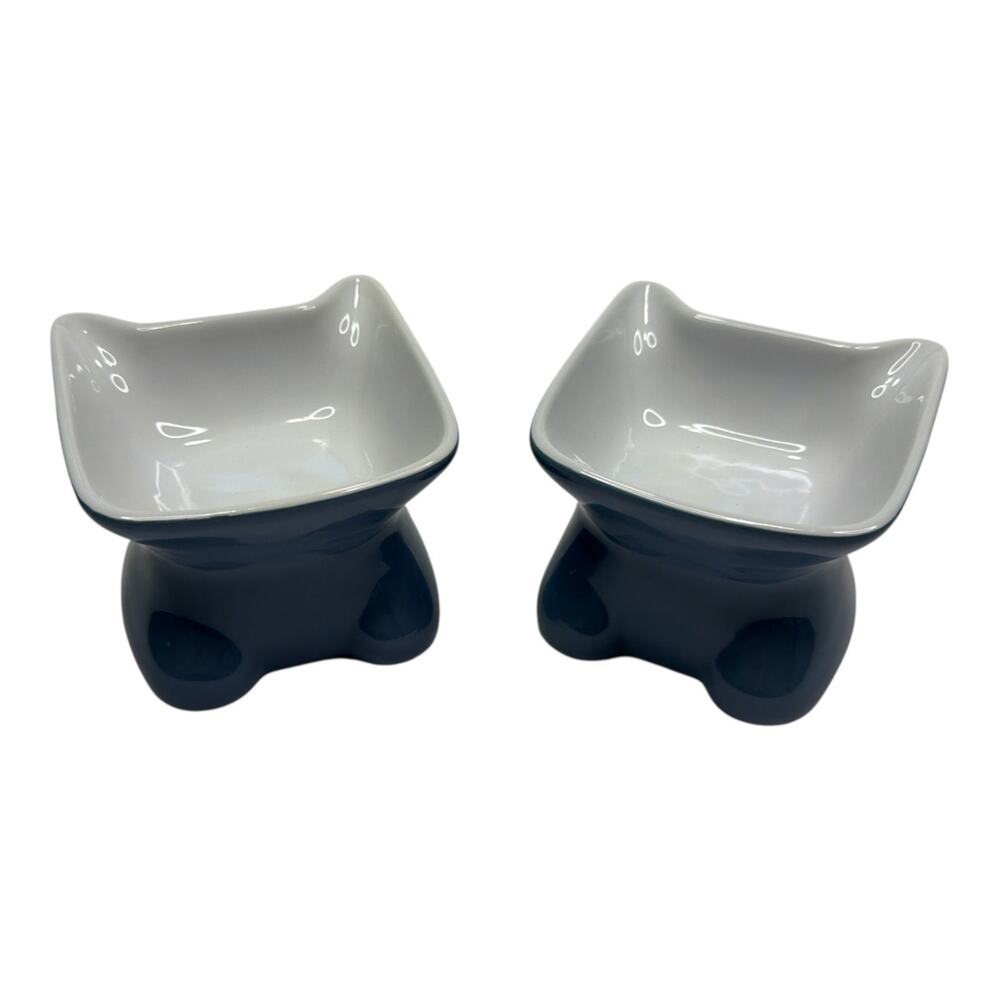 Whisker City Elevated Ceramic Cat Bowls Set of 2 Cute Ear Pet Dishes